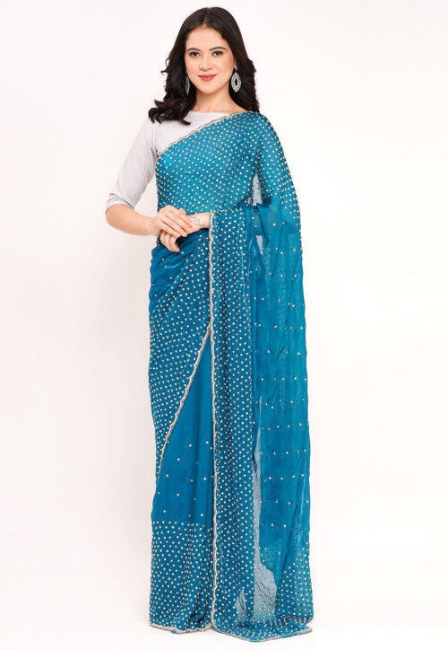 Hand Embroidered Tissue Silk Saree in Teal Blue