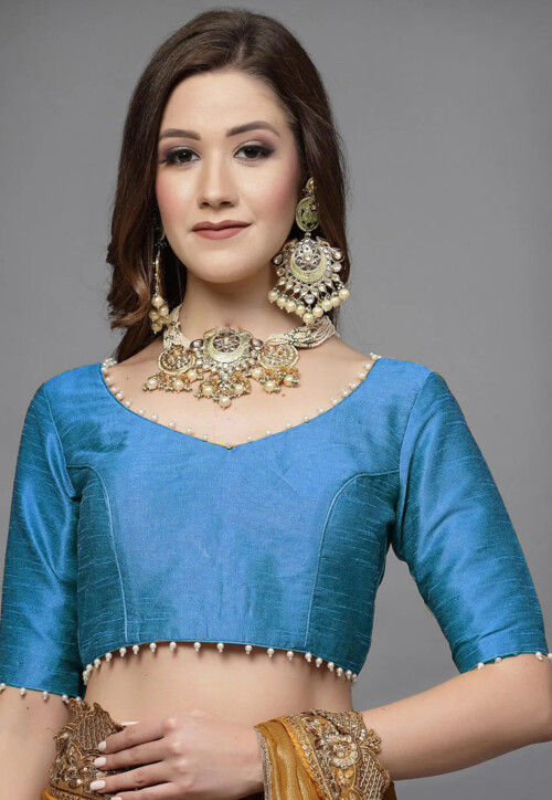 Embellished Trim Art Silk Blouse in Blue