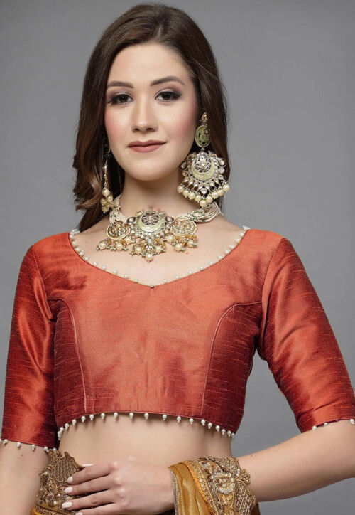 Embellished Trim Art Silk Blouse in Rust