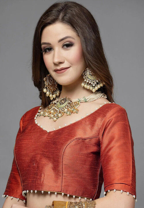 Embellished Trim Art Silk Blouse in Rust