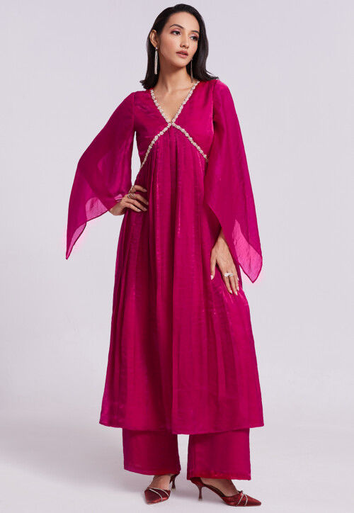 Embellished Trim Organza Aline kurta Set in Fuchsia