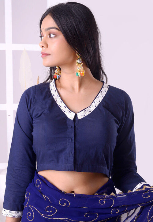 Buy Embellished Trims Pure Cotton Blouse in Navy Blue Online : UNR3 - Utsav  Fashion