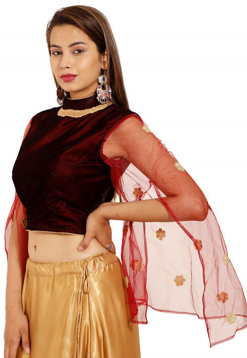 Embellished Velvet Blouse in Maroon