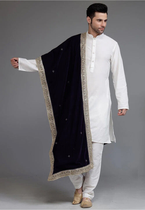 Embellished Velvet Mens Dupatta in Navy Blue
