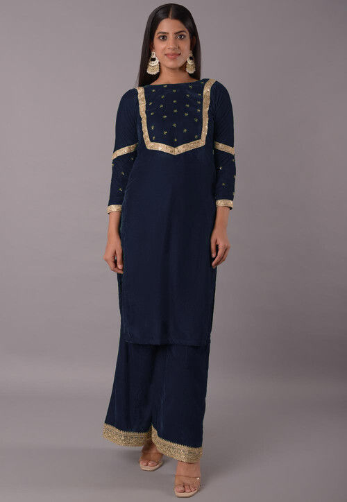 Embellished Velvet Straight Kurta Set in Navy Blue