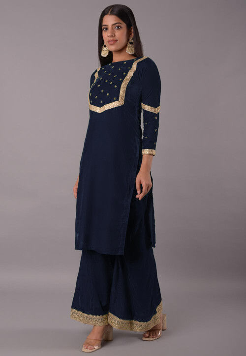 Embellished Velvet Straight Kurta Set in Navy Blue