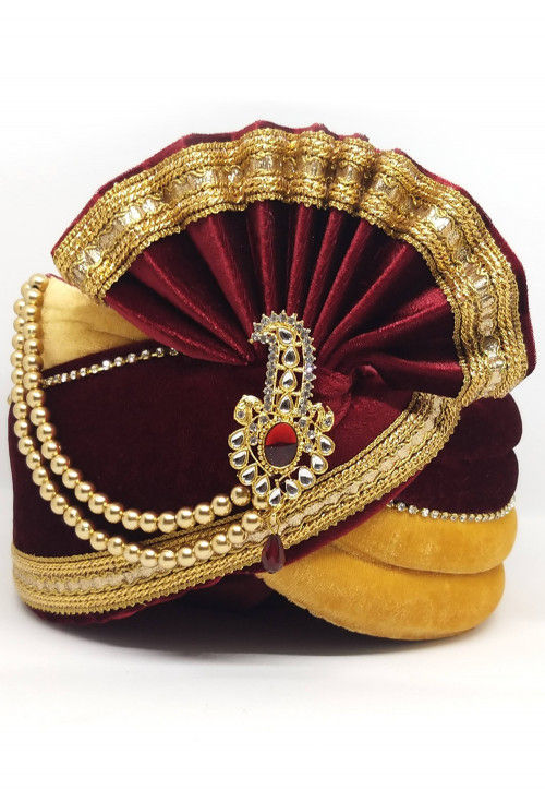 Embellished Velvet Turban in Maroon and Beige : MGM181