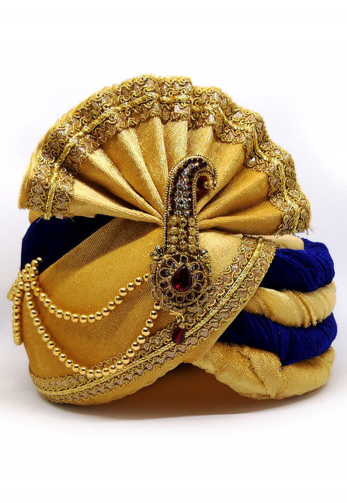 Embellished Velvet Turban in Mustard and Blue