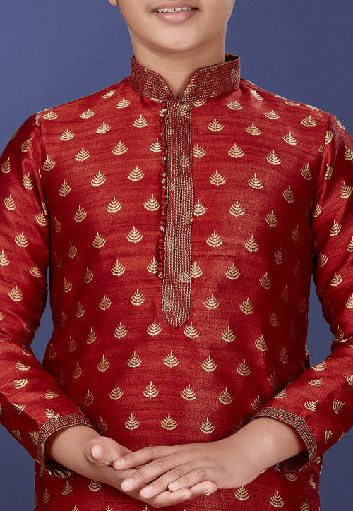 Emboidered Art Dupion Silk Kurta Set in Red