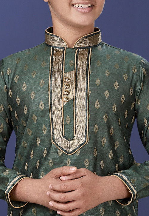 Emboidered Neckline Art Silk Jacquard Kurta Set in Dark Green