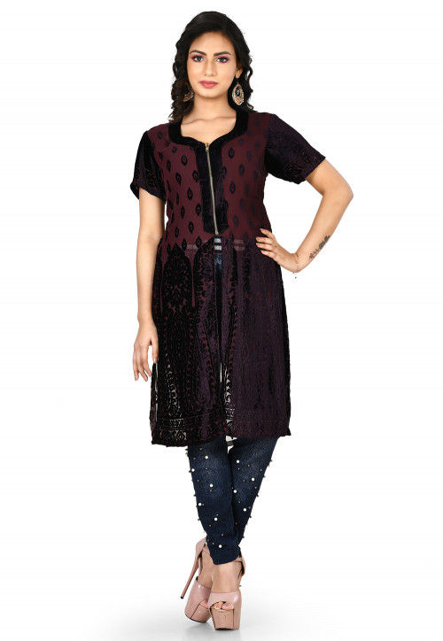 Embossed Net Brasso Kurti in Dark Brown