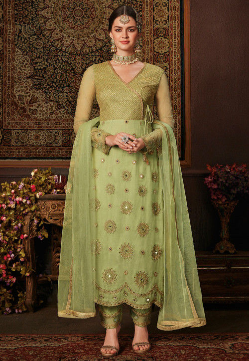Embroidered Angrakha Style Net Pakistani Suit in Light Green