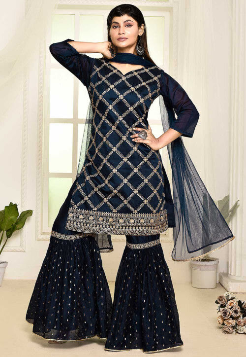 Embroidered Art Chandrei Silk Pakistani Suit in Navy Blue