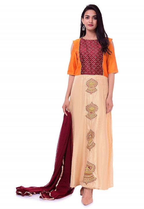 Embroidered Art Dupion Silk Abaya Style Suit in Beige and Orange