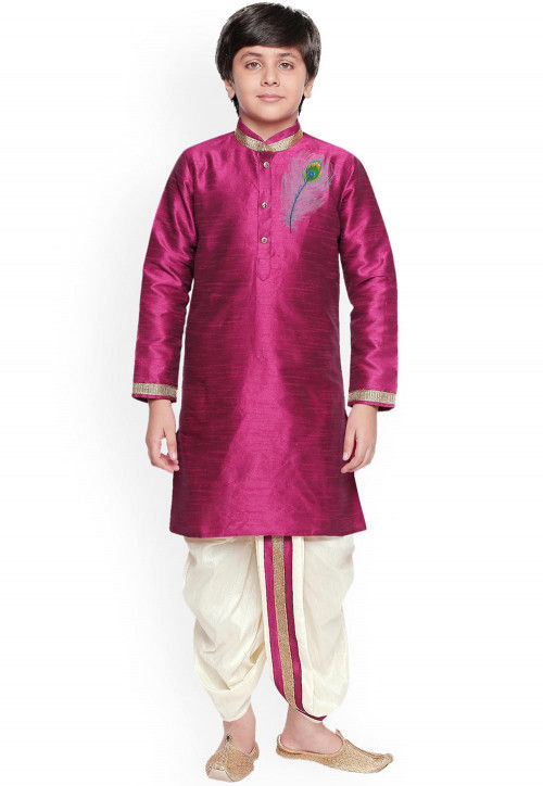 Embroidered Art Dupion Silk Kurta in Magenta