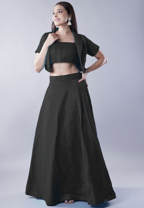 Embroidered Art Dupion Silk Lehenga in Black