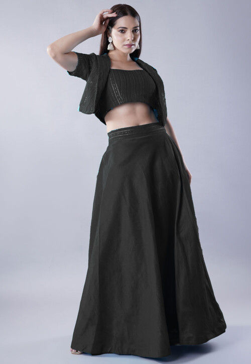 Embroidered Art Dupion Silk Lehenga in Black