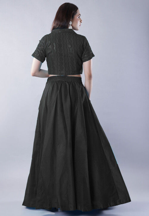Embroidered Art Dupion Silk Lehenga in Black