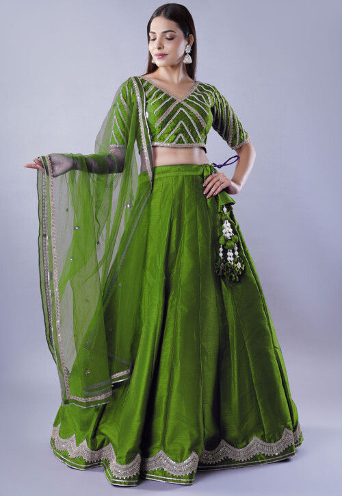 Embroidered Art Dupion Silk Lehenga in Green