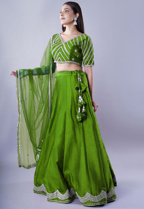 Embroidered Art Dupion Silk Lehenga in Green