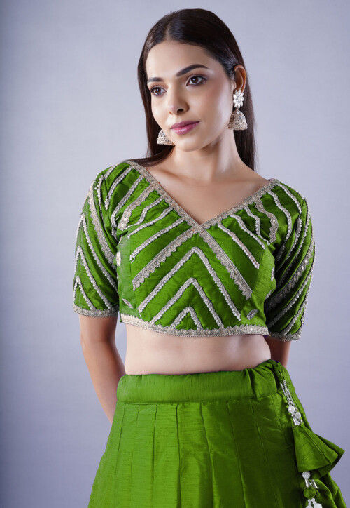 Embroidered Art Dupion Silk Lehenga in Green