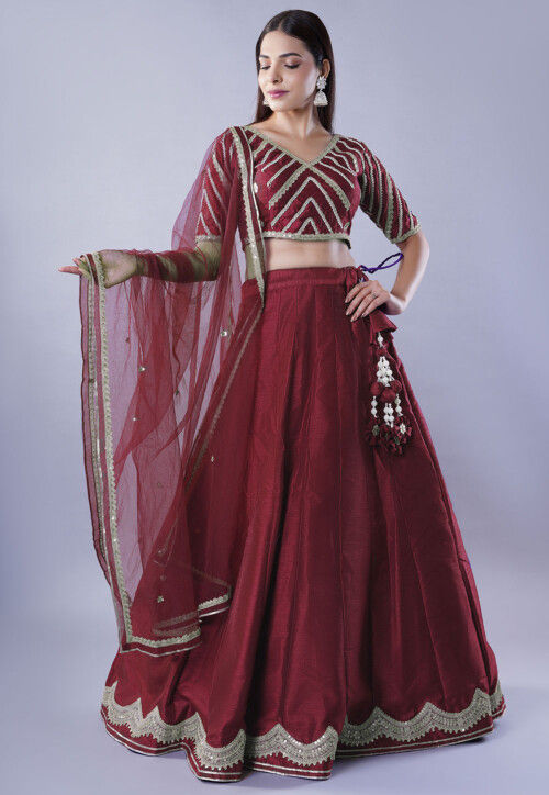 Embroidered Art Dupion Silk Lehenga in Maroon