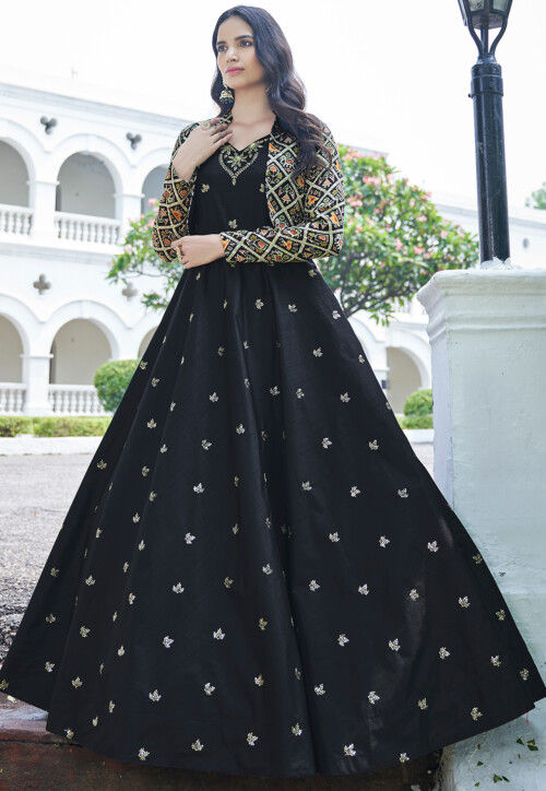 Black Georgette Gown Dress with Sequins - GW0526