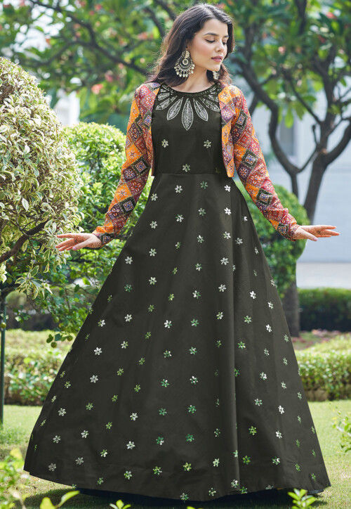Olive Green Color Floor Length Floral Long Frock With Net Dupatta Salwar  Suit