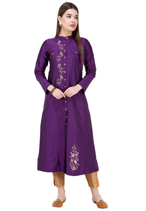 Embroidered Art Silk A Line Kurta in Purple