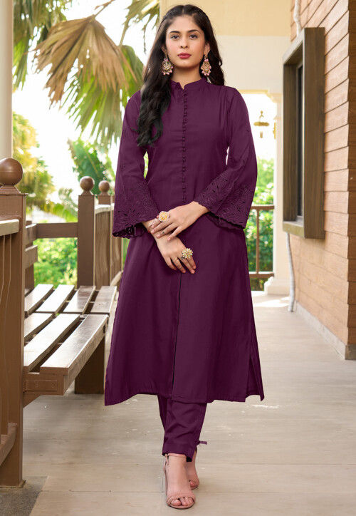 Buy Embroidered Art Silk A Line Kurta in Violet Online TNC1956