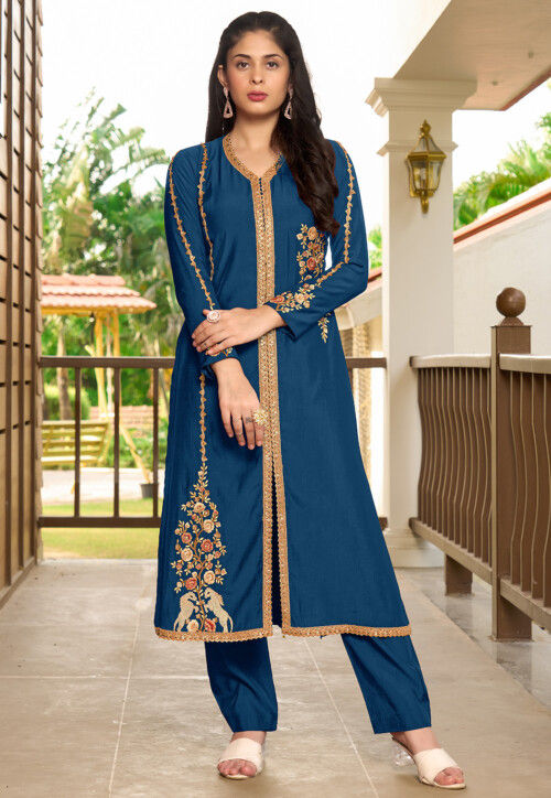 Embroidered Art Silk A Line Kurta Set in Blue