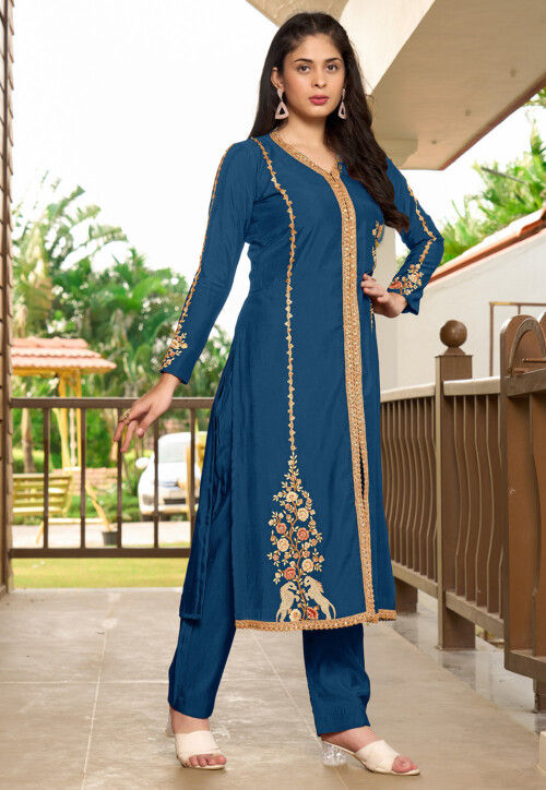 Embroidered Art Silk A Line Kurta Set in Blue