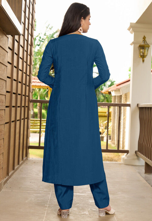 Embroidered Art Silk A Line Kurta Set in Blue
