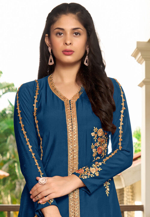 Embroidered Art Silk A Line Kurta Set in Blue