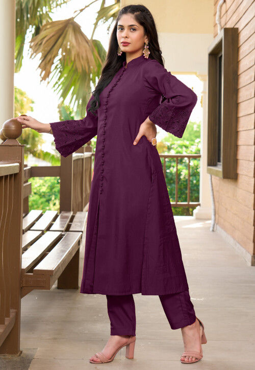 Embroidered Art Silk A Line Kurta Set in Violet
