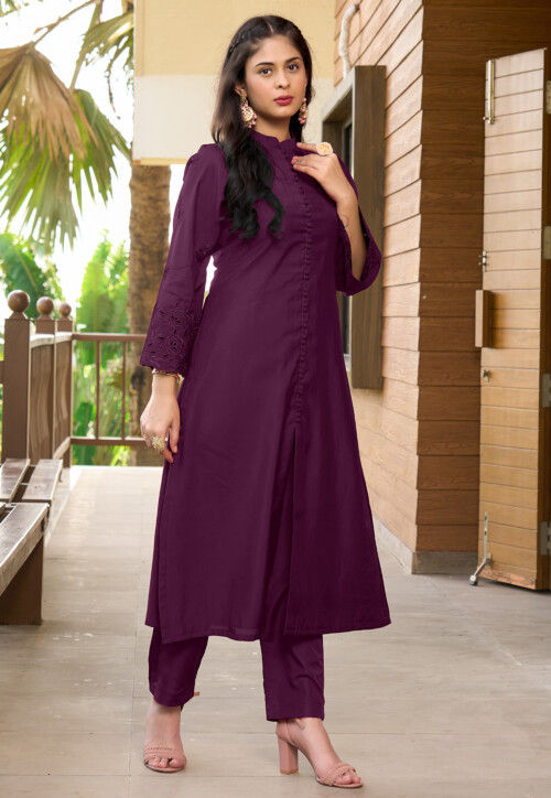 Embroidered Art Silk A Line Kurta Set in Violet