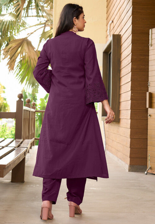 Embroidered Art Silk A Line Kurta Set in Violet
