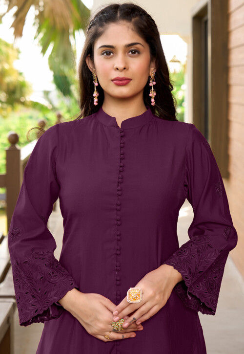 Embroidered Art Silk A Line Kurta Set in Violet