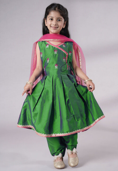 Embroidered Art Silk A Line Suit in Green