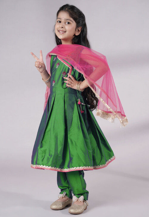 Embroidered Art Silk A Line Suit in Green