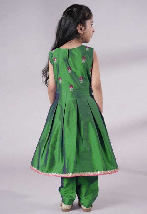 Embroidered Art Silk A Line Suit in Green