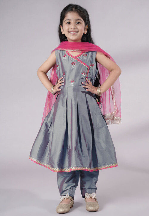 Embroidered Art Silk A Line Suit in Grey