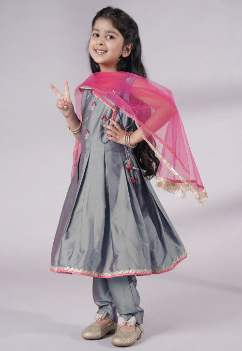 Embroidered Art Silk A Line Suit in Grey