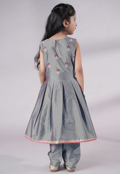 Embroidered Art Silk A Line Suit in Grey