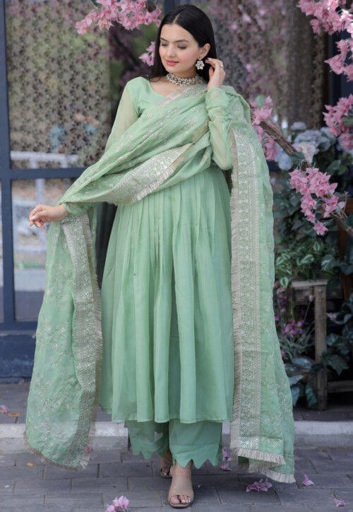 Embroidered Art Silk A Line Suit in Light Green : KQU4523