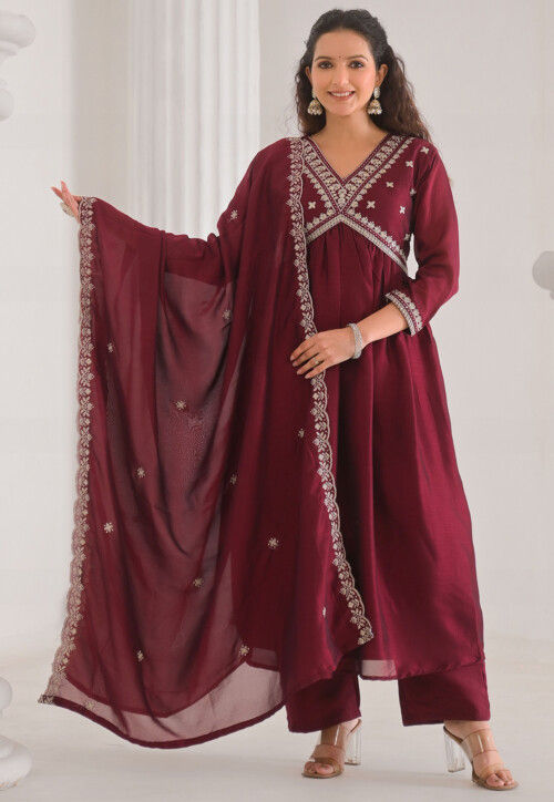 Embroidered Art Silk A Line Suit in Maroon