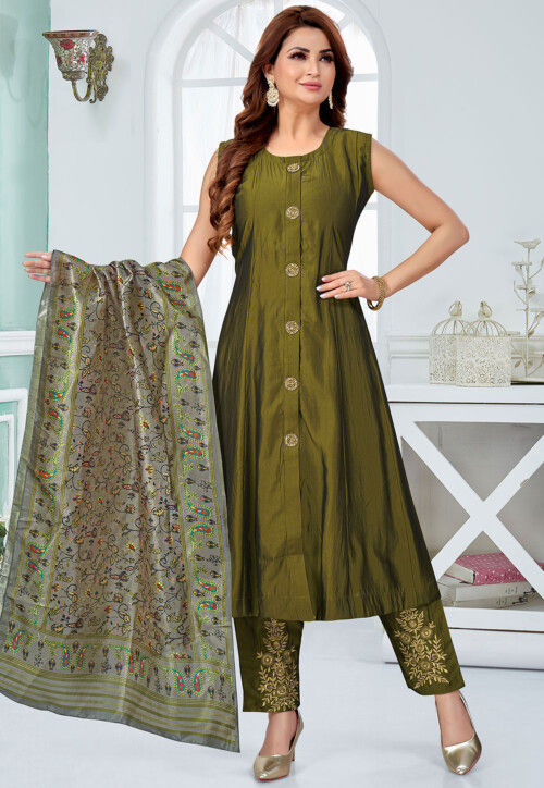 Embroidered Art Silk A Line Suit in Olive Green