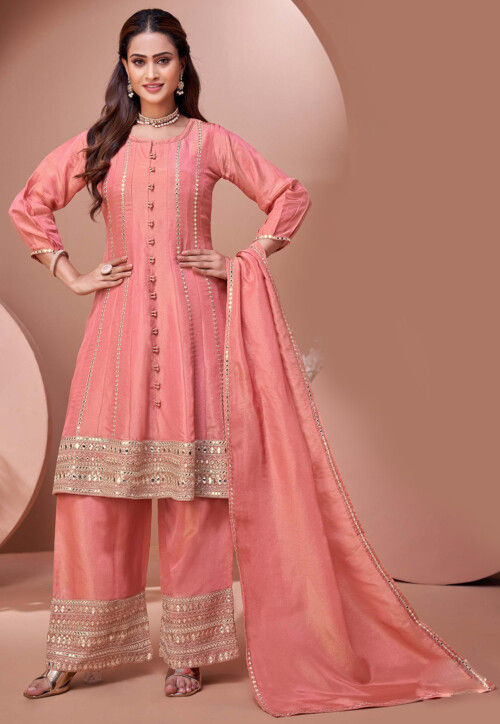 Embroidered Art Silk A Line Suit in Pink