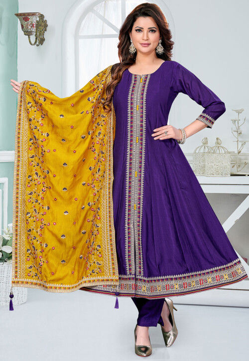 Embroidered Art Silk A Line Suit in Purple