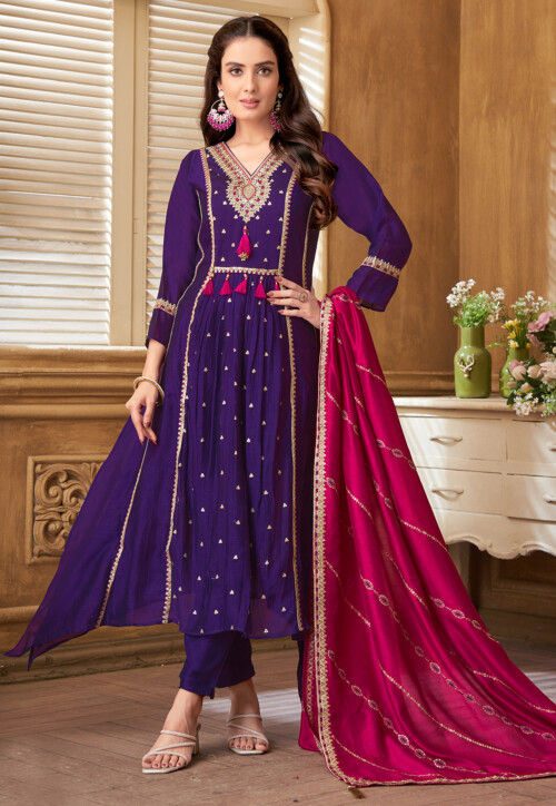 Embroidered Art Silk A Line Suit in Purple